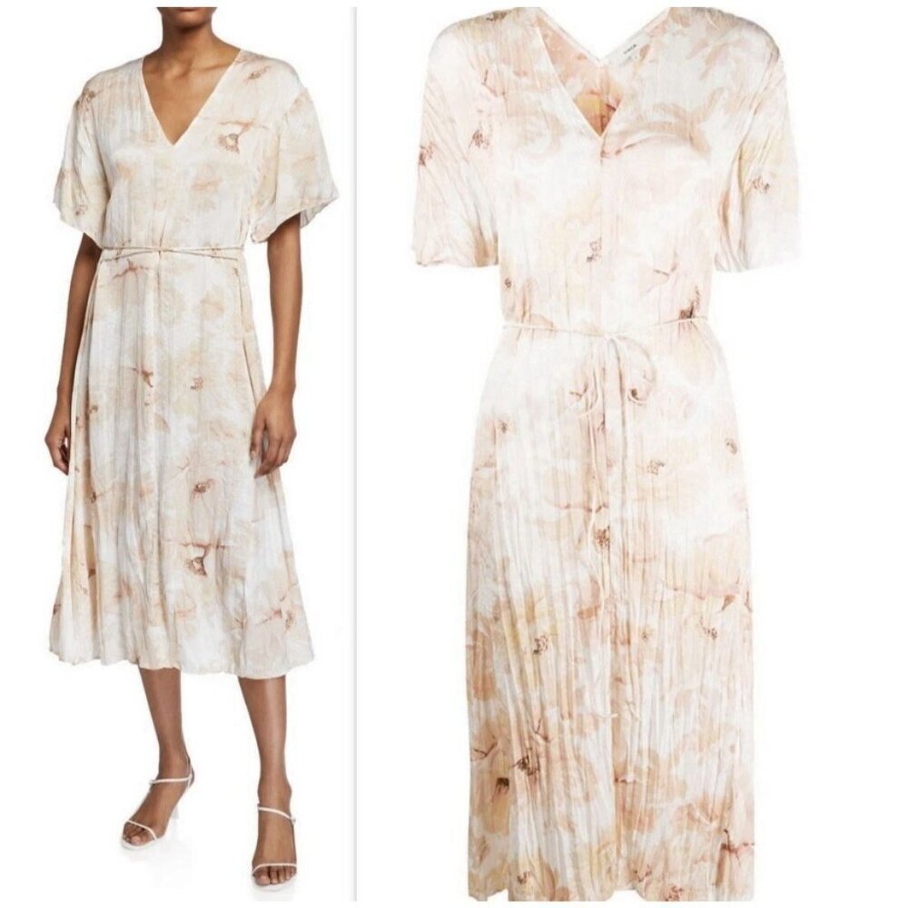 VINCE Women's Painted Magnolia V-Neck Short Sleeve Cream Pink Midi Dress Size M - Picture 2 of 13